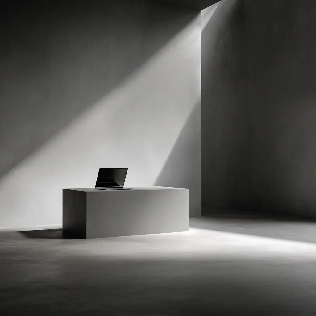 White minimalist room with geometric art installation.